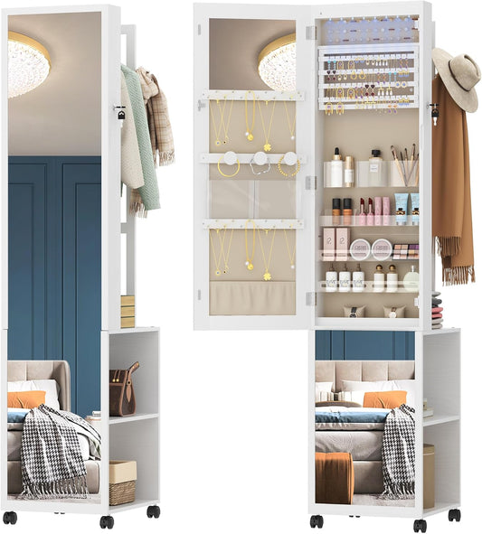 Hzuaneri Jewelry and Wardrobe with 8 LEDs, 165cm Jewelry Storage System with 1 Clothes Rack, Lockable Full Length Mirror with 4 Wheels, Storage Shelves with Hooks, White and Beige JC17003BE