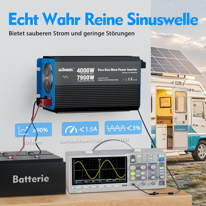 GIANDEL 4000 W omvormer, zuivere sinus, 12 V naar 230 V, met instelbare onderspanningsuitschakeling, spanningsomvormer met afstandsbediening en USB-C PD 36 W, voor camper, camping, caravans
