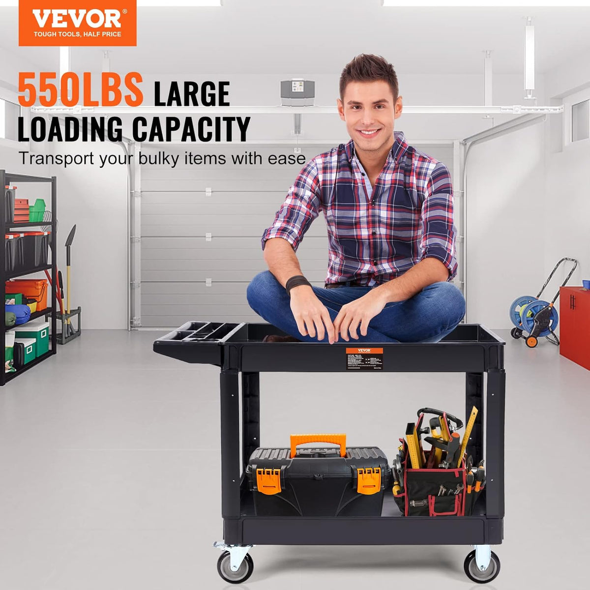 VEVOR Serveerwagen 116 x 65 x 85 cm transportwagen 2 planken totale capaciteit 250 kg 125 kg/rek 360° draaibare wielen (2 met remmen) met handvat voor magazijn, garage, reiniging
