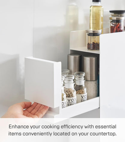 Yamazaki 4334 TOWER 2~Tiered Sliding Seasoning Rack, white, Steel/Polypropylene, 12.5 x 50~93 x 52.5 cm