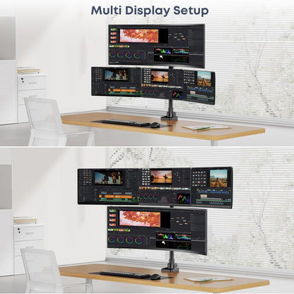 Monitorhouder voor 4-monitoren voor 49 inch ultrawide-schermen boven en 3 x 27 inch schermen op onderste houders, in hoogte verstelbaar, VESA 75/100, zwart