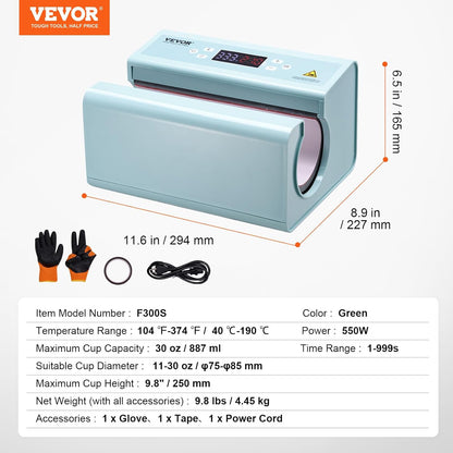 VEVOR Warmtepers voor kopjes, automatisch, 325-887 ml, diameter 75-85 mm, sublimatiemachine temperatuur instelbare tijden, snelle en gelijkmatige verwarming, voor het overbrengen van foto's op beker