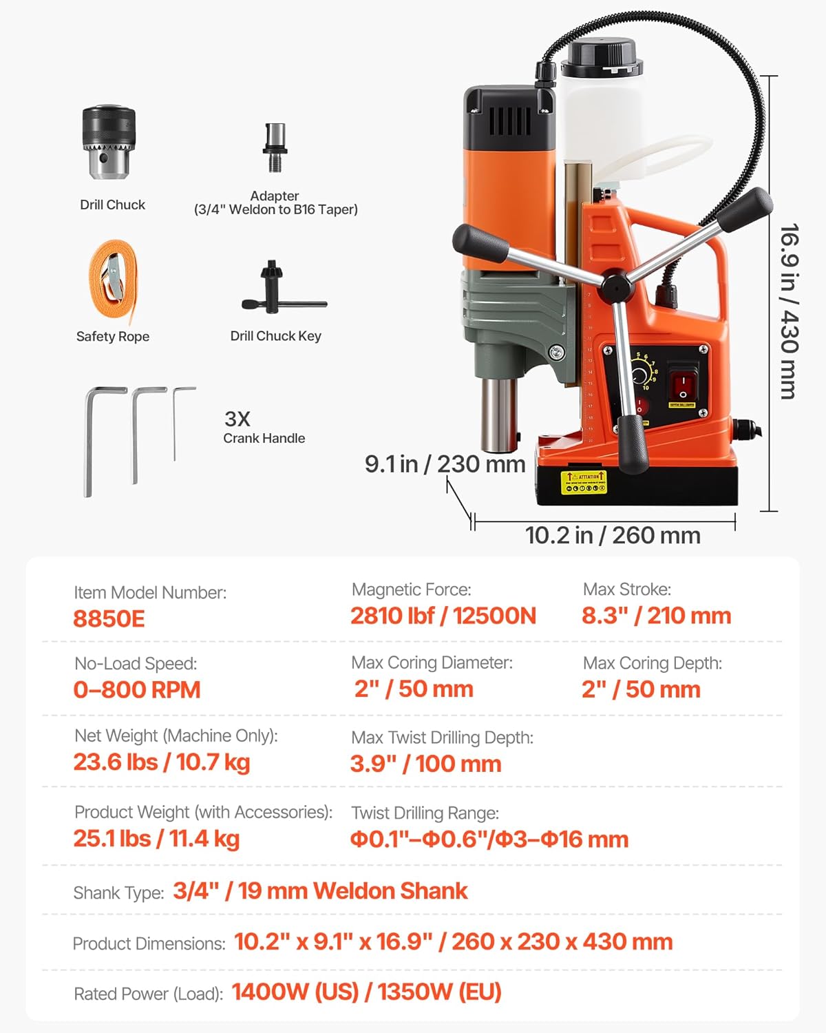 VEVOR Magnetic Drill 1350 W, Drill Diameter 50 mm, Power 12500 N, Max Stroke 210 mm with Cooling Connection, Column Drill for Metal Surfaces, DIY