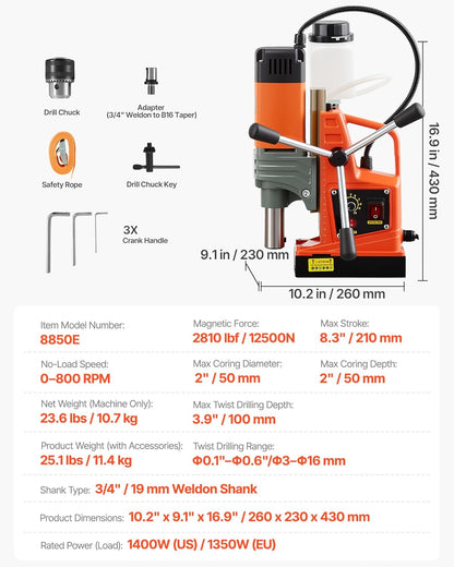 VEVOR Magnetic Drill 1350 W, Drill Diameter 50 mm, Power 12500 N, Max Stroke 210 mm with Cooling Connection, Column Drill for Metal Surfaces, DIY