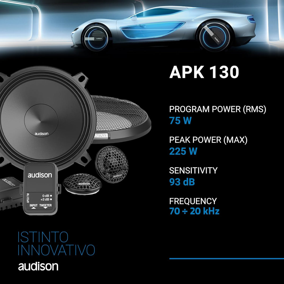 Audison APK 130 2-weg autoluidsprekersysteem, 225W piekvermogen, 5,25 inch componenten met crossover, 4 Ohm impedantie, frequentiebereik van 50 Hz tot 20 kHz, zwart