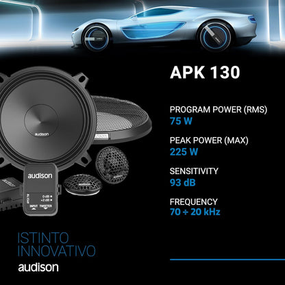 Audison APK 130 2-weg autoluidsprekersysteem, 225W piekvermogen, 5,25 inch componenten met crossover, 4 Ohm impedantie, frequentiebereik van 50 Hz tot 20 kHz, zwart