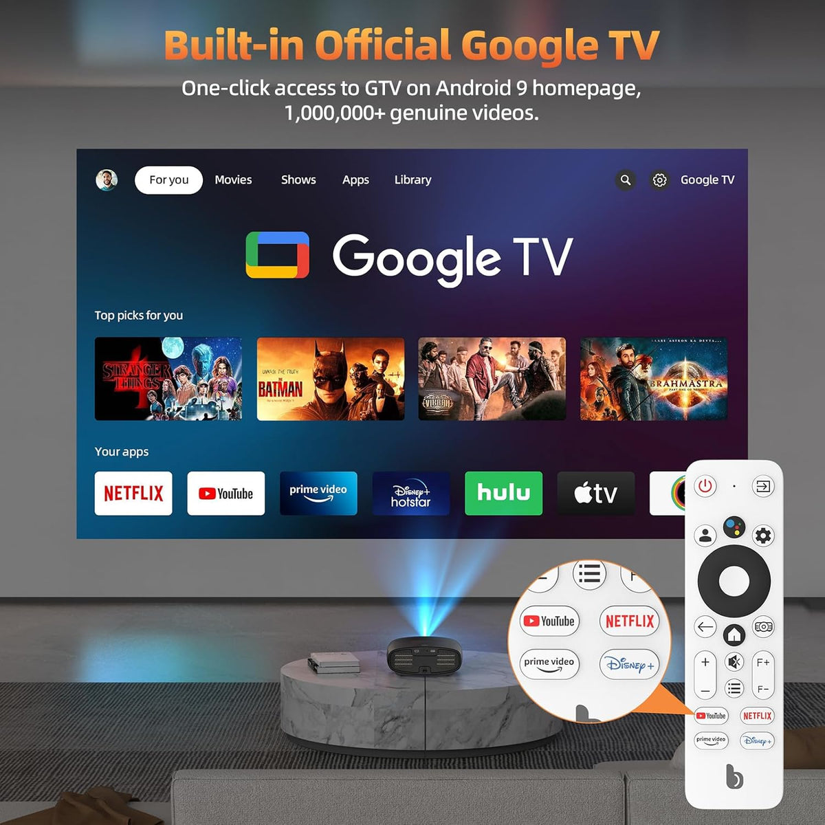 Bettdow 4K beamer [Android 9.0 & Google TV], 1080P volledig verzegeld, autofocus/trapeziumcorrectie, videoprojector ondersteunt Google Voice Assistant & Dolby Audio, zwart