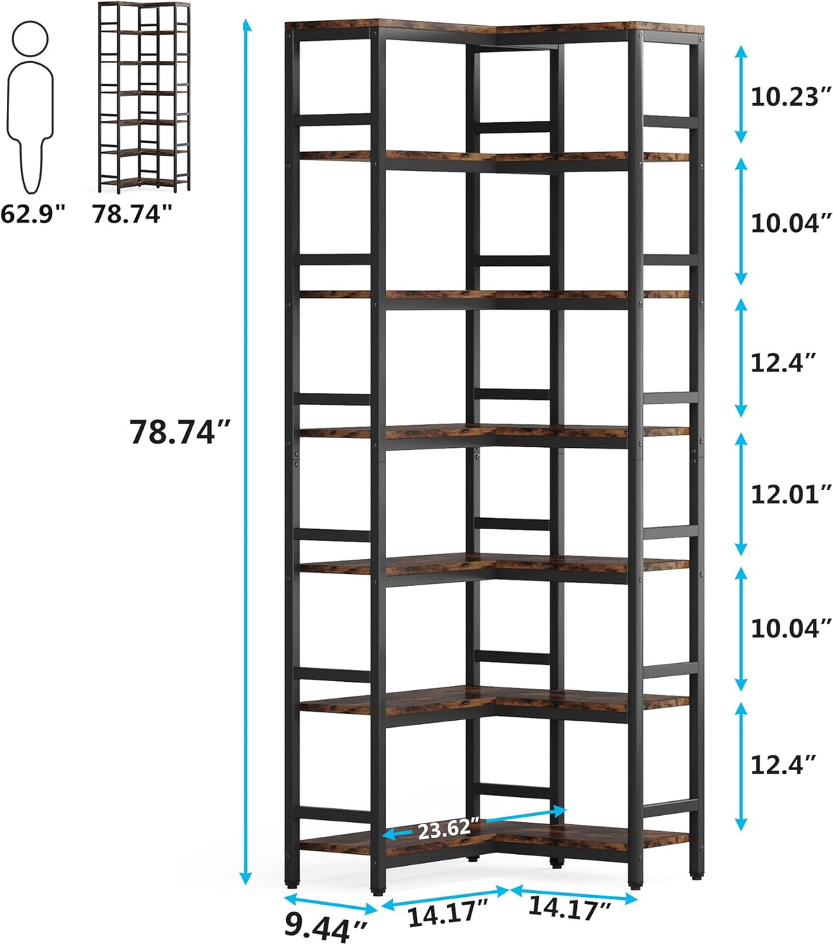 Tribesigns 78.7 inch High Angle Shelf, 7 Tier Industrial Corner Bookcase Storage Display Shelves for Living Room Home Office, Rustic Brown