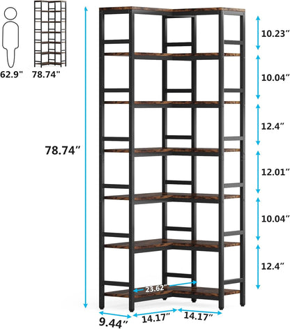 Tribesigns 78.7 inch High Angle Shelf, 7 Tier Industrial Corner Bookcase Storage Display Shelves for Living Room Home Office, Rustic Brown