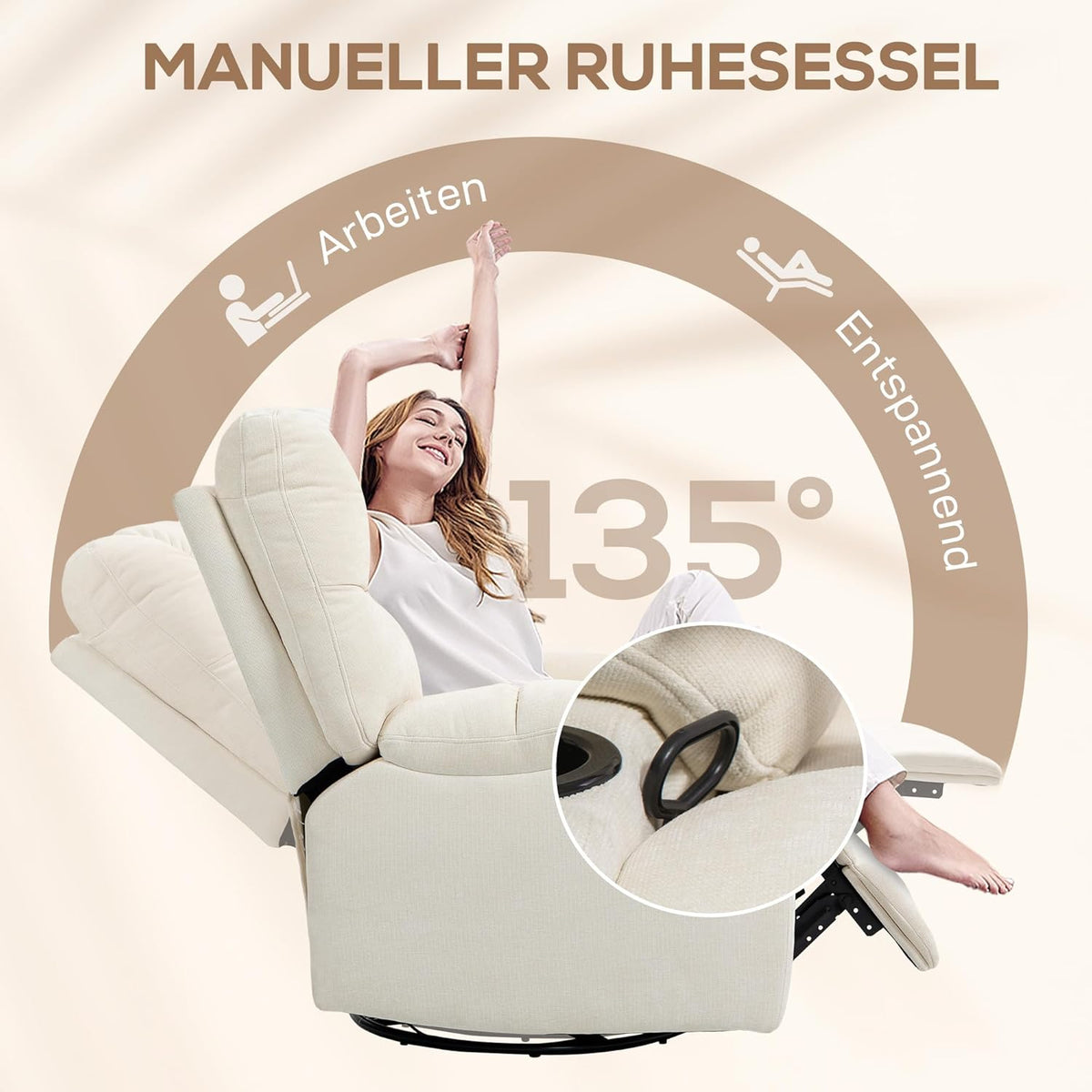 HOMCOM Relaxstoel, televisiestoel met ligfunctie, ligstoel, stoel met verstelbare rugleuning, voetensteun, relaxstoel met linnenlook voor woonkamer, slaapkamer, beige