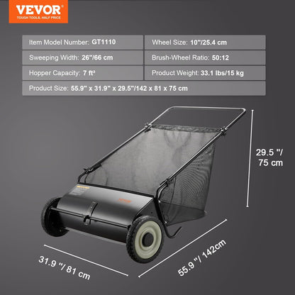 Duwgazonbezem – Tuinveger – Bladveger – Gazonveger – Veegmachine – Grote veegbreedte 66 cm – Robuust stalen frame met 2,1 m³ opvangzak