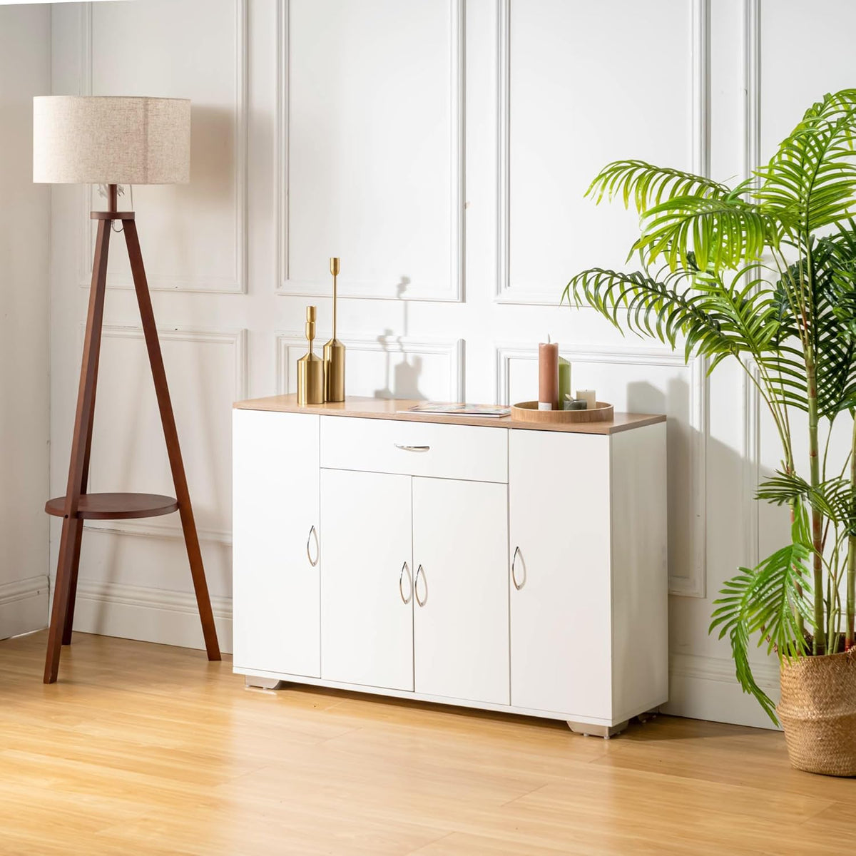 FurnitureR Multi-Storage Unit, Sideboard, Keukenkast, Cupboard met 4 Deuren 1 Drawer, Grote Plankruimte voor Woonkamer, Entrance, Opbergmeubels voor Woonkamer Houten Top, 118 x 30 x 70 cm, Wit