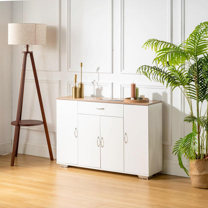 FurnitureR Multi-Storage Unit, Sideboard, Keukenkast, Cupboard met 4 Deuren 1 Drawer, Grote Plankruimte voor Woonkamer, Entrance, Opbergmeubels voor Woonkamer Houten Top, 118 x 30 x 70 cm, Wit