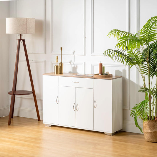 FurnitureR Multi-Storage Unit, Sideboard, Keukenkast, Cupboard met 4 Deuren 1 Drawer, Grote Plankruimte voor Woonkamer, Entrance, Opbergmeubels voor Woonkamer Houten Top, 118 x 30 x 70 cm, Wit