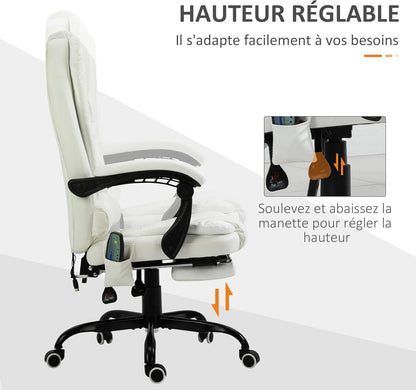 Vinsetto Massagestoel, bureaustoel, ergonomische stoel met verstelbare hoogte, rugleuning kantelbaar en bekabeld, voetensteun, 360° draaibaar, wit
