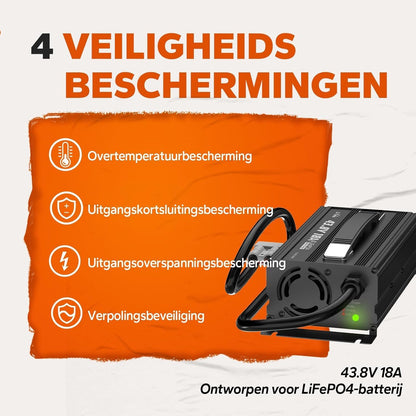LiFePO4 Oplader – Lithium Batterijlader – Acculader – Smart Charger – 36 V 18 A – 43,8 V Laadspanning – Meervoudige Veiligheidsbescherming met LED-Display