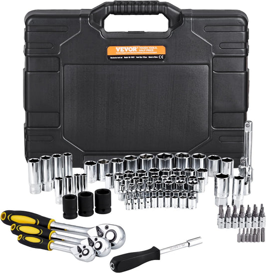 121 Piece Tool Set - Professional Mechanic Tool Kit with Bits, Ratchets, Wrenches &amp; Pliers - SAE &amp; Metric Sizes - Includes Storage Case - Black/Yellow