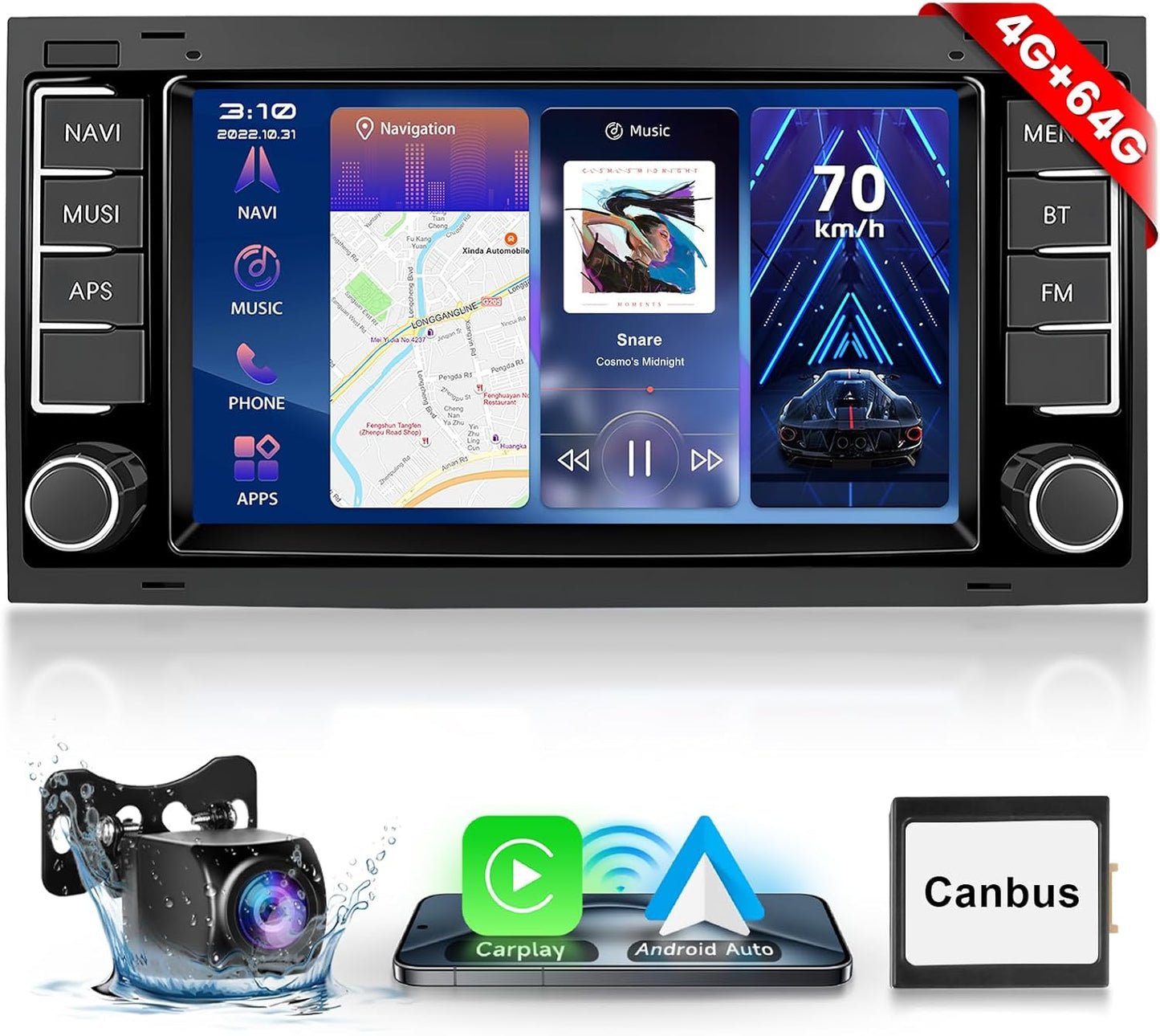 Autoradio – 2-Din Autoradio – Multimedia Autoradio – CarPlay Radio – Android Auto Radio – 7 Inch Touchscreen – Android 13 4+64GB, GPS/WiFi