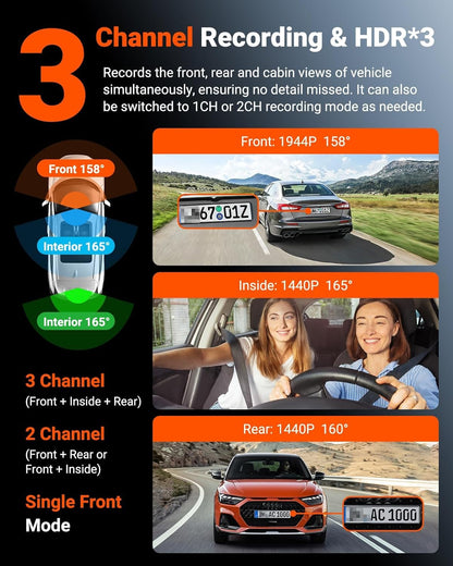 Driekanaals Dashcam – Dashcam Auto – Autocamera – Auto Camera – Voor- En Achtercamera – 2,7K + 2,5K + 2,5K – WiFi, GPS En Infrarood Nachtzicht