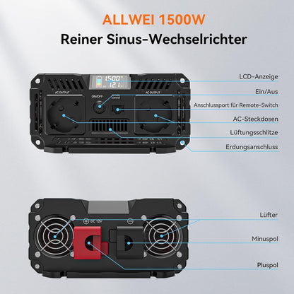 ALLWEI 1500 W zuivere sinus omvormer, 12 V naar 230 V, spanningsomvormer voor thuis, camper, vrachtwagen, netonafhankelijke zonne-installaties, omvormer, inverter 12 V 220 V, piekvermogen 3000 W