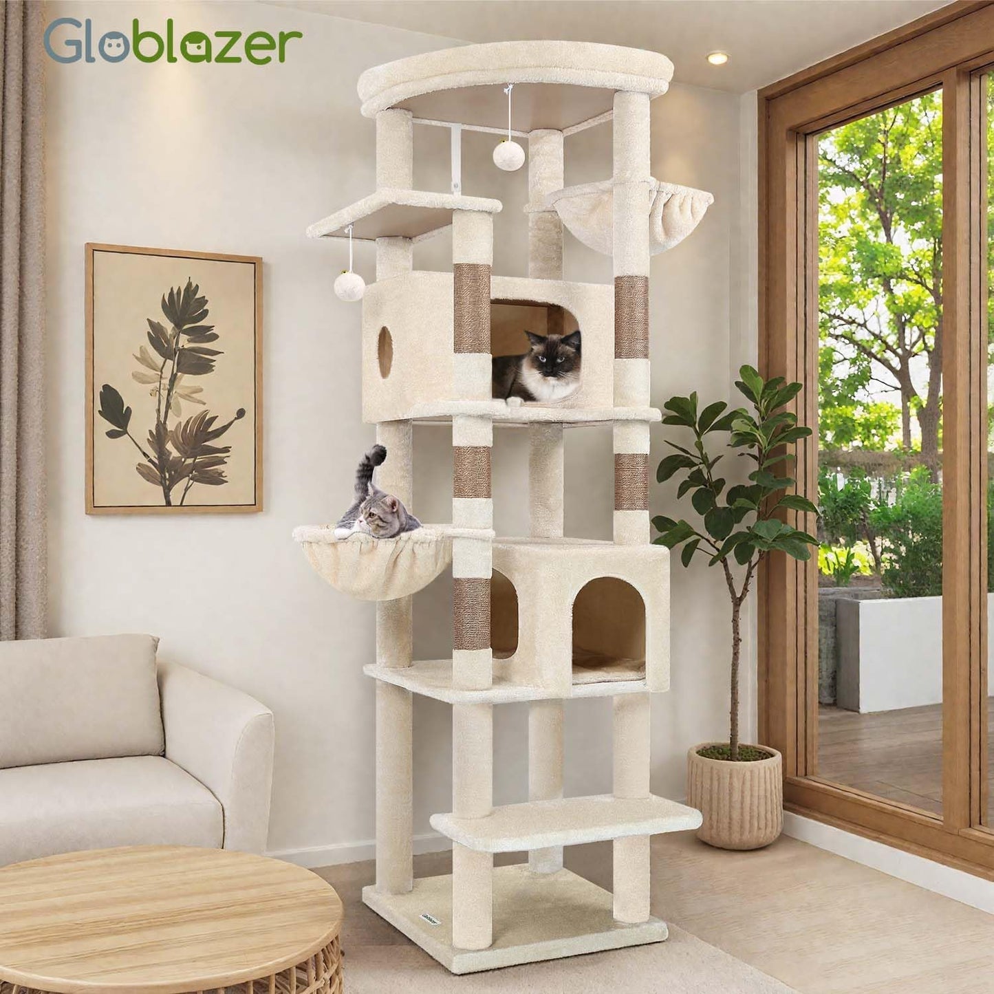 Krabpaal – Kattenboom – Kattenhuis – Krabton – Klimelement – Beige – 188 cm Hoog – 2 Grote Kattenhuisjes Met Gevoerd Platform