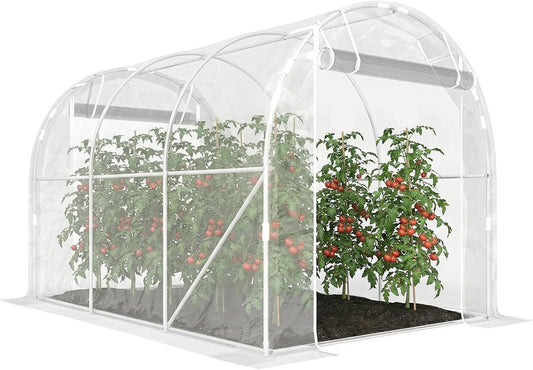 Outsunny Foliekas ca. 3 x 2 x 2 m met Oprolbare Ritsdeur, Steunstangen, Verlengde Randen, UV-bestendige 150 g/m² PE-folie, Winterbestendig, Tomatenkas, Transparant - QUORE