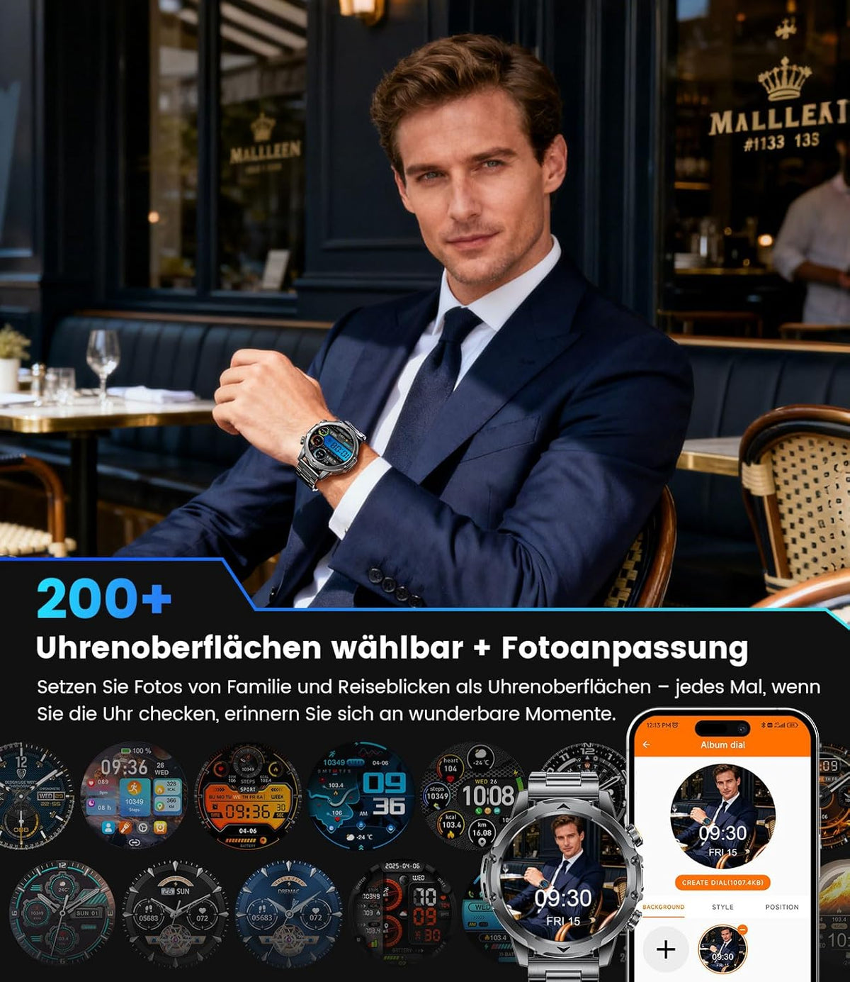 Smartwatch voor heren met 1000 mAh batterij voor Android iOS, 1,53 inch HD groot touchscreen, militaire smartwatch met 24 uur hartslag/110 sportmodi, IP68 waterdichte zaklamp, fitnesshorloge, 3