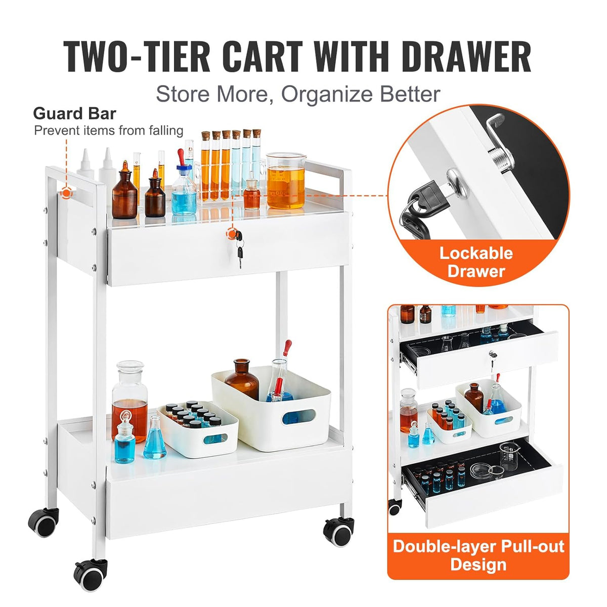 VEVOR Laboratoriumwagen met 2 niveaus, medische trolley van roestvrij staal, serveerwagen, grote draagkracht 100 kg, met 2 laden, voor laboratorium, salon, ziekenhuis, tandgebruik, wit