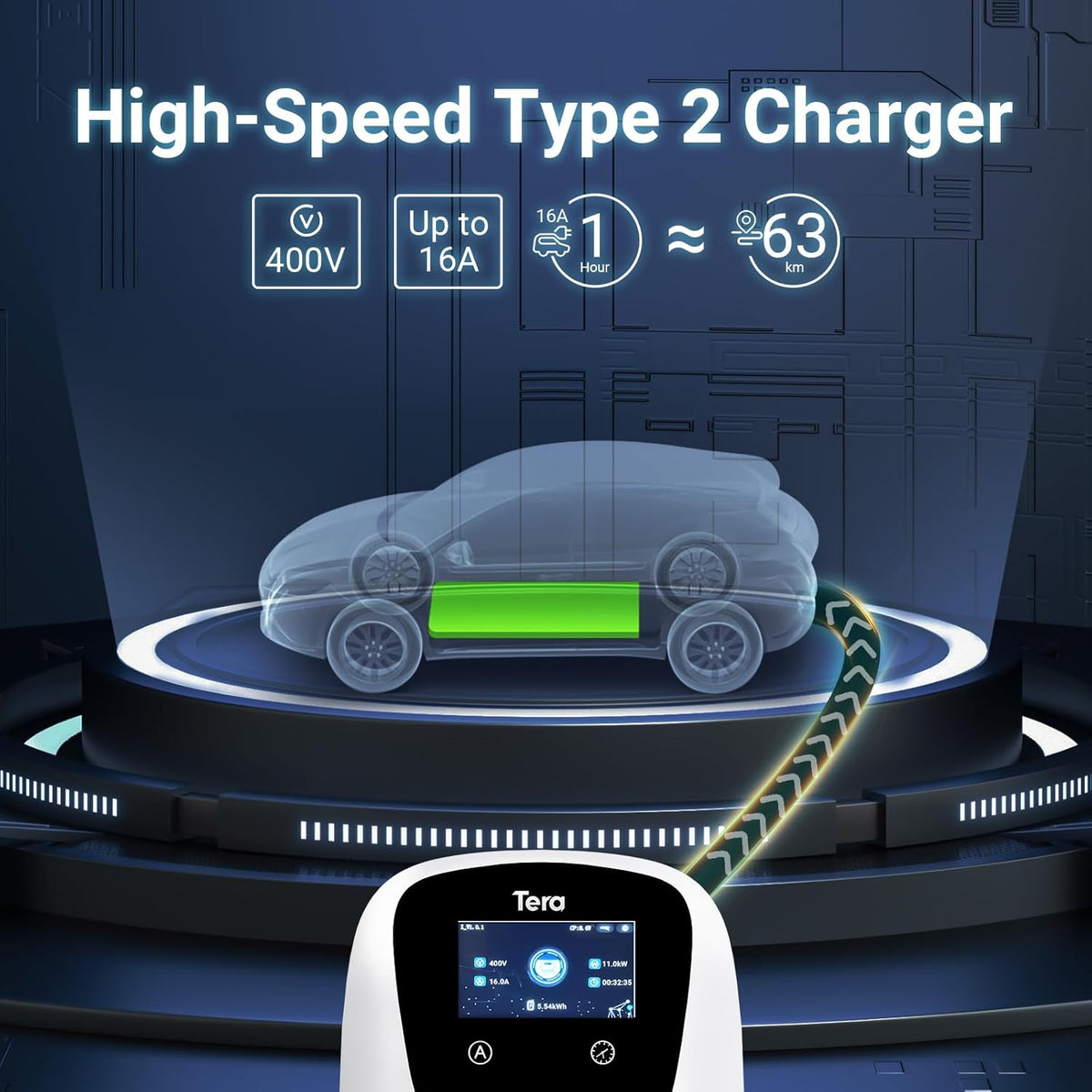 Tera Smart EV oplader type 2 Wallbox met app, 11 kW, 16 A, 400 V, CE & TÜV met wifi en bluetooth, 7 m laadkabel met opladerhouder, thuis, Wallbox CEE, 3-fasen stekker voor EVs & PHEV W01, wit