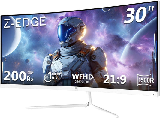 Z-Edge Gaming Monitor Curved White 30'' 200Hz, 1ms, 2560x1080, FreeSync, Screen PC White Ultrabrede 21:9, Adjustable Tilt, 1500R VA, 2×HDMI2.0 & 2×DP1.4, RGB, VESA 75*75mm(DP cable included)