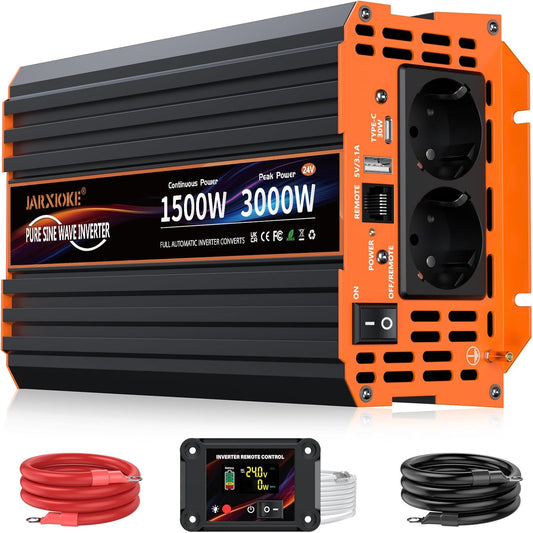 Omvormer, 24 V naar 230 V, 1500 W, zuivere sinus, spanningsomvormer met lcd-afstandsbediening, USB-poorten, type-C-poort, 2 AC-stopcontacten voor zonne-energie, voertuigen, camper, stroomuitval