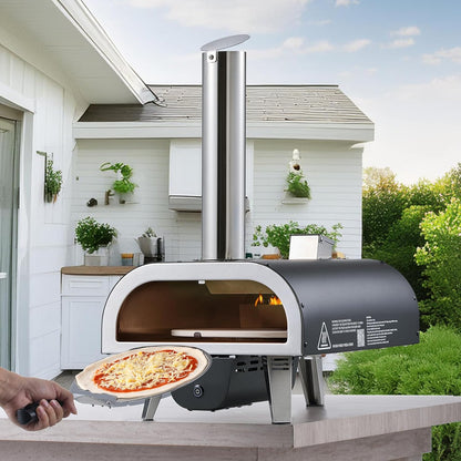 VEVOR Houtgestookte pizzaoven buiten, 30 cm automatisch roterende pizzaovens, draagbare pelletpizzamachine met thermometer en elektrisch roterend systeem, pizzasteen, draagtas en schep voor achtertuin