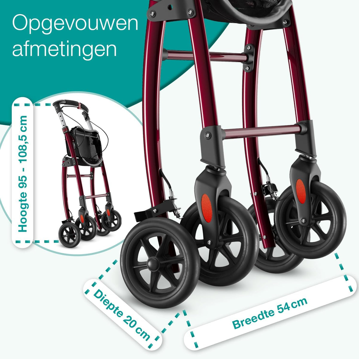 ELONEO Lichtgewicht Rollator voor Binnen - 54 cm Breed, Opvouwbaar Looprek met Dienblad en Stoffen Mandje, Smalle Rollator van Aluminium, Inklapbaar Mobiliteitshulpmiddel, Rood