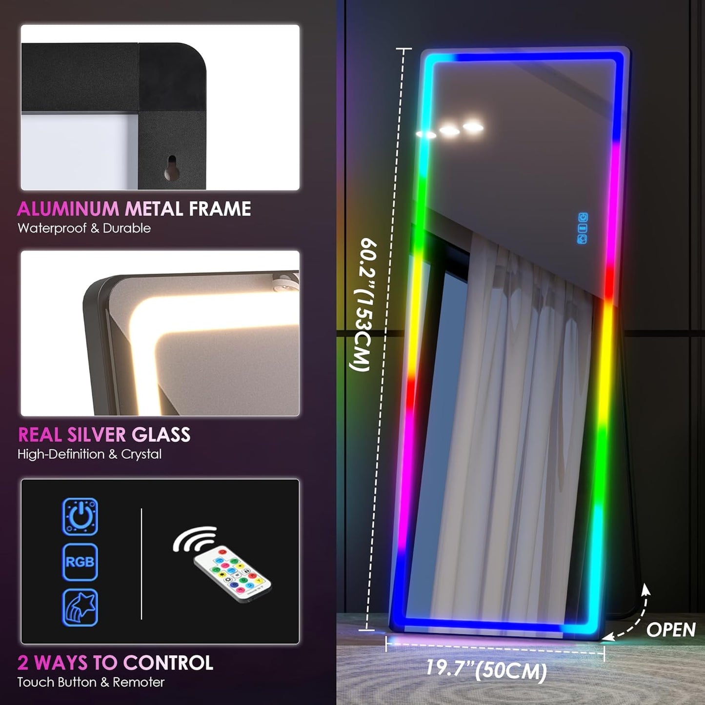 Full-Body Spiegel – Staande Spiegel – Wandspiegel – Passpiegel – Led Spiegel – 153x50 cm Groot – 7 Dynamische LED Modus