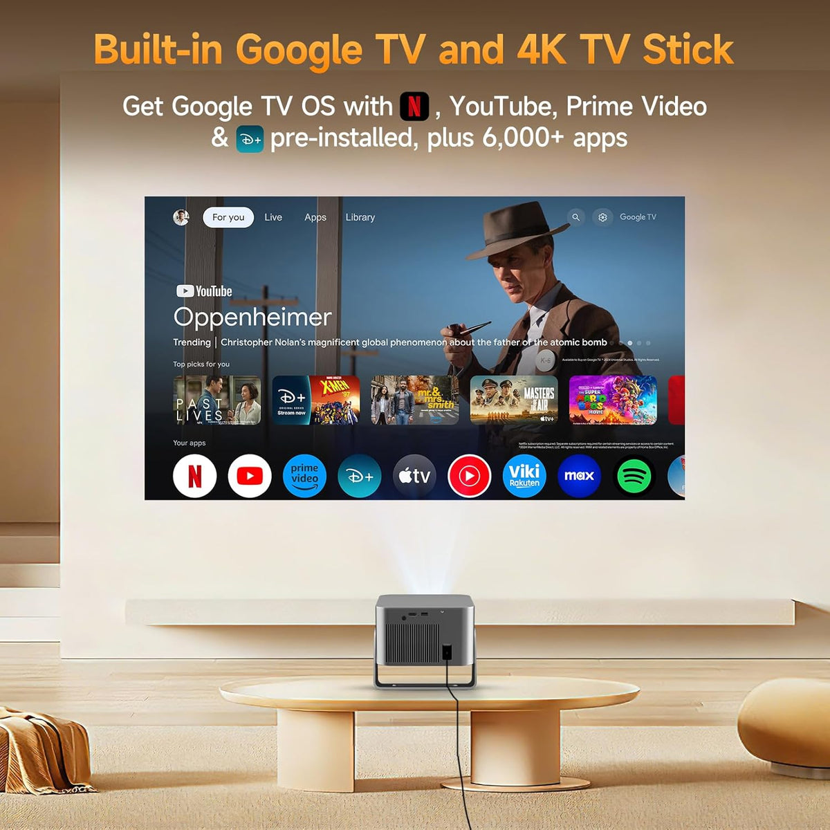 Alwtniet Beamer 4k met Google TV, native Full HD 1080p mini-projector, thuisbioscoop, bluetooth, wifi, kleine smart korte afstand, projector, autofocus, 6d trapeziumcorrectie voor outdoor, mobiele
