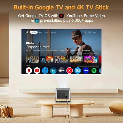 Alwtniet Beamer 4k met Google TV, native Full HD 1080p mini-projector, thuisbioscoop, bluetooth, wifi, kleine smart korte afstand, projector, autofocus, 6d trapeziumcorrectie voor outdoor, mobiele