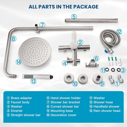 Outdoor Douchekraan SUS304 Douche Armatuur Systeem Combo Set Regendouche Enkele Handvat Hoge Druk Hand Spray Muur Mount 2 Functie Geborsteld Nikkel 8 "Regendouche Hoofd Kit