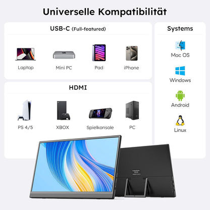 Draagbare Monitor 15,6 Inch – Portable Monitor – Tweede Scherm – Extra Scherm – Extern Beeldscherm – 15,6 Inch FHD 1080P IPS – USB-C/HDMI Aansluiting – Ingebouwde Luidsprekers