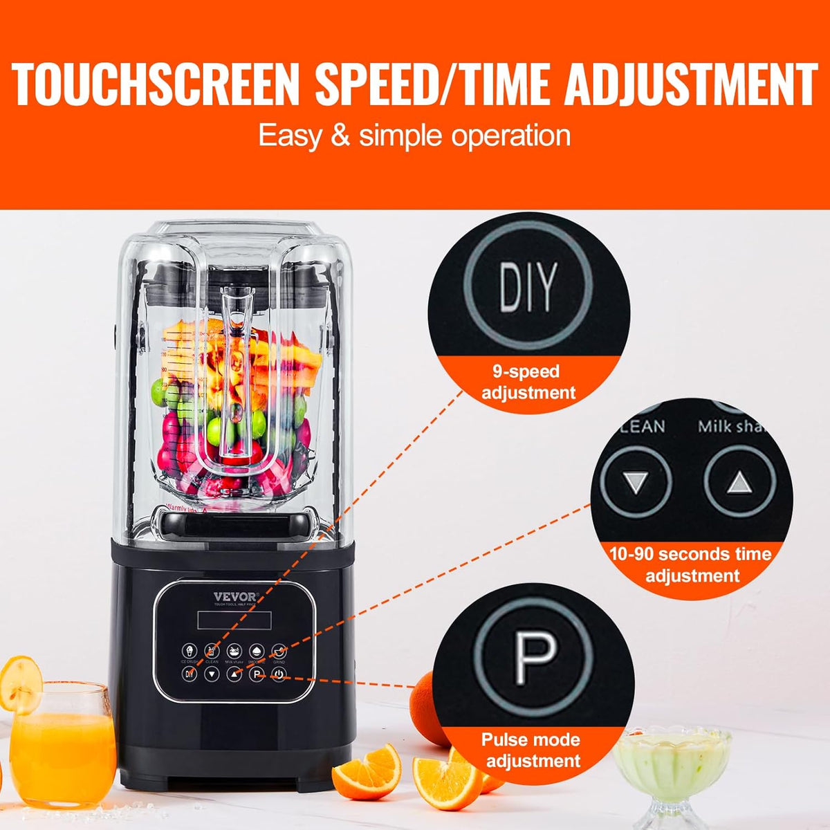 VEVOR Professionele blender met bescherming, gecombineerd met 2 l glazen kruik, roestvrij staal, 9 snelheden en 5 functies, voor smoothies, zwart, 280 x 240 x 505 mm
