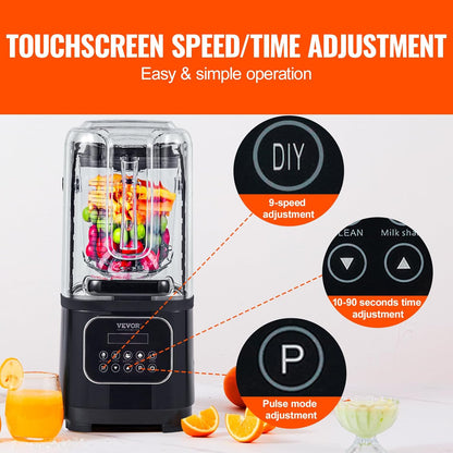 VEVOR Professional Blender with Protection Combined with 2L Glass Jug, Stainless Steel, 9 Speed and 5 Functions, for Smoothies, Black, 280 x 240 x 505 mm