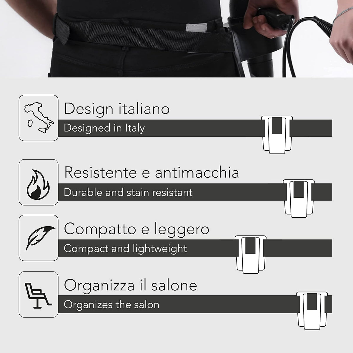 EL GRINGO KIT, een complete set met een riem, een draagbare slee, een haardrogerhouder, een bordenhouder, een veelvlakkige en een vaste slee x3 en een comfortabele draagtas, resistent, Zwart, Made in Italy