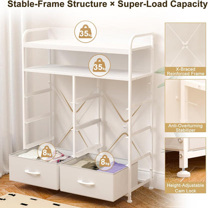 Commode met Laden, Commode Kast met 8 Stoffen Lades, Dressoirs Voor Slaapkamer met 2-Laags Houten Blad, Metalen Frame, Woonkamer, Wit