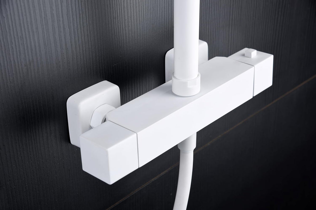 Thermostatische Douchekolom – Douchegarnituur – Douchekraan – Douchepaneel – Douche Set – Mat Wit – Roestvrij Staal – 20 cm Vierkante Douchekop