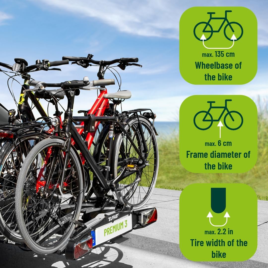 EUFAB 11522 PREMIUM 3 Bicycle Rack for Towbar, Foldable, for 3 Bikes - QUORE