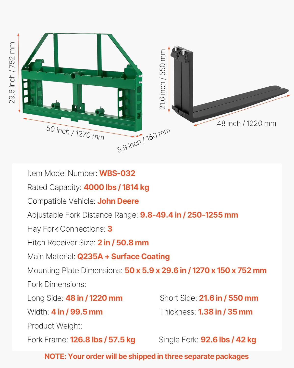 VEVOR Quick attachment, 1810 kg load capacity, pallet fork frame attachment with 122 cm forks, forklift knives, 50.8 mm hitch and spearhead sleeves, suitable for JD tractors