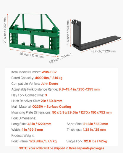 VEVOR Quick attachment, 1810 kg load capacity, pallet fork frame attachment with 122 cm forks, forklift knives, 50.8 mm hitch and spearhead sleeves, suitable for JD tractors