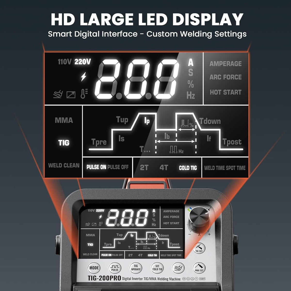 HITBOX TIG Lasapparaat 200A, 230V 6-in-1 met HF-start, MMA/TIG/Puls/TIG-reiniging/Puntlassen / 2T / 4T, voetpedaal en lashelm (TIG200PRO)