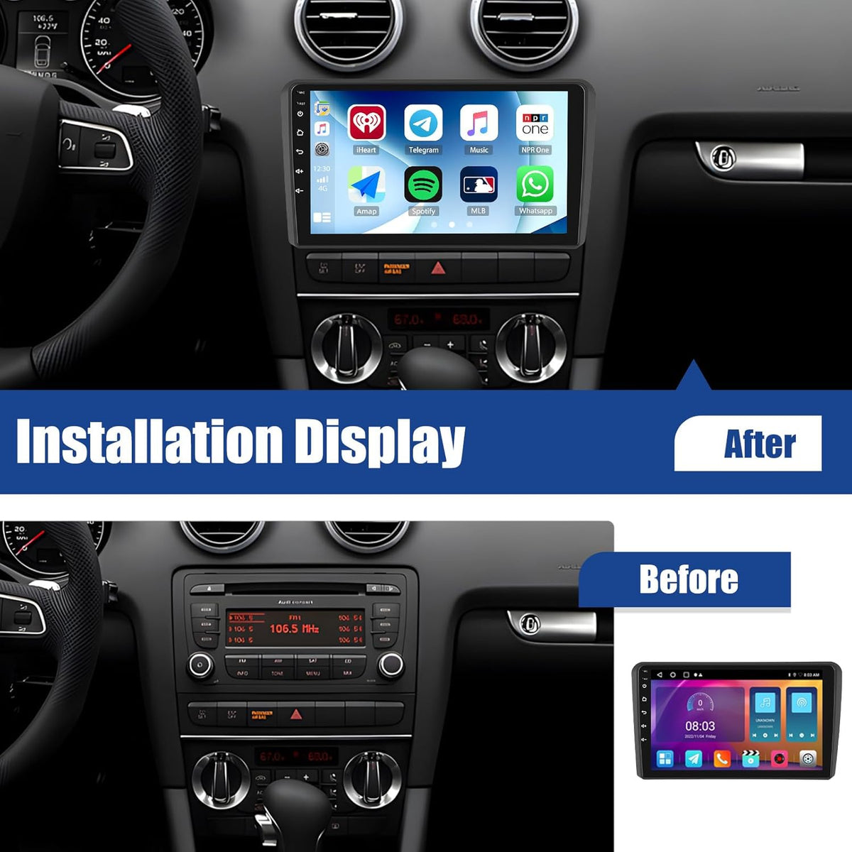 SIXWIN 2 + 64G Android 13 autoradio voor Audi A3 2003-2013 met Carplay/Android auto/mirrorlink, 9 inch HD touchscreen met wifi, GPS, Bluetooth, FM/RDS EQ+ achteruitrijcamera