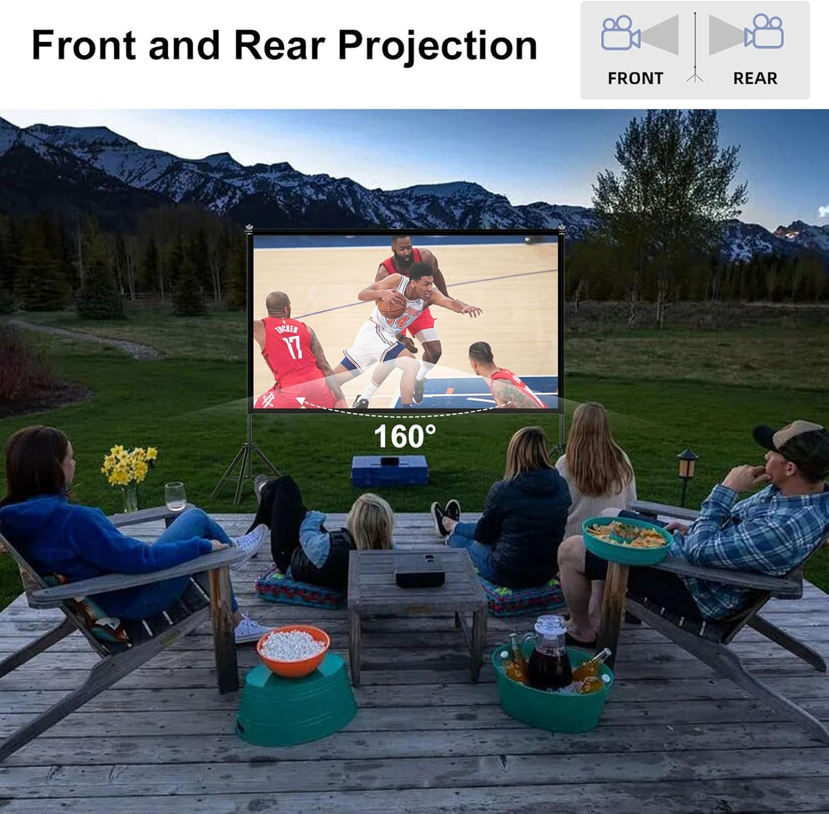 TOWOND 120 inch projectorscherm en standaard, 16:9 HD draagbaar verstelbaar projectiescherm voor binnen en buiten, projectiescherm voor en achter, draagtas inbegrepen voor thuis, tuin en camping