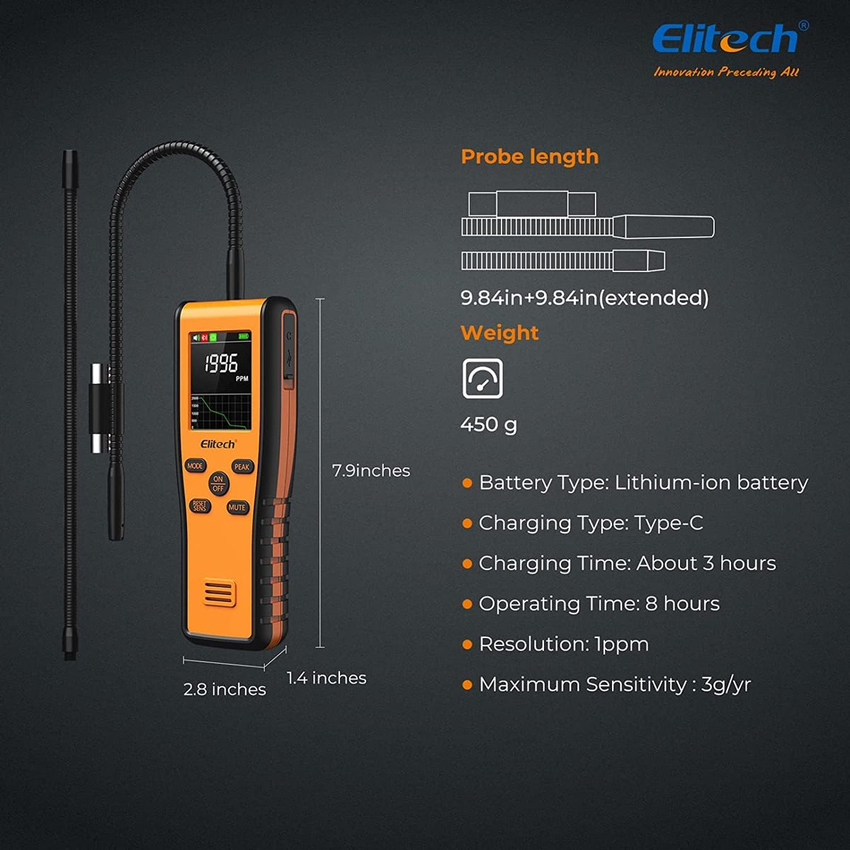 Elitech PPM Infrarood-koudemiddel-gaslekdetector, vast positioneerbare HVAC-lekdetector, met APP en OTA-upgradefunctie